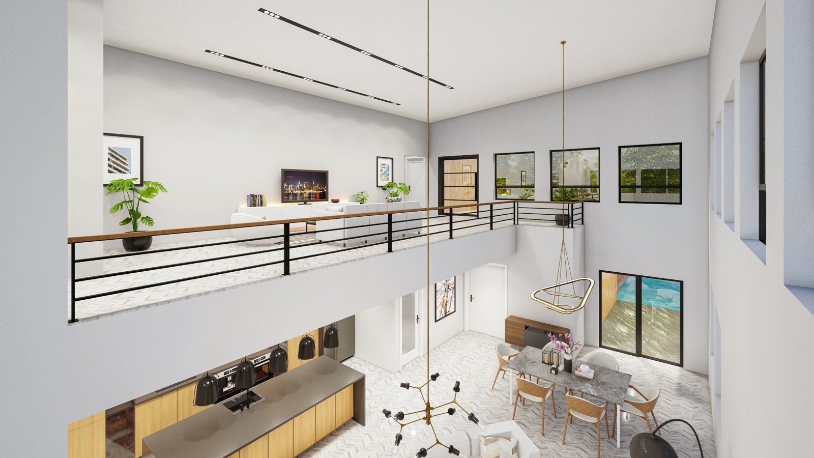 Render 3D de interior a doble altura con mezzanine, cocina y comedor
